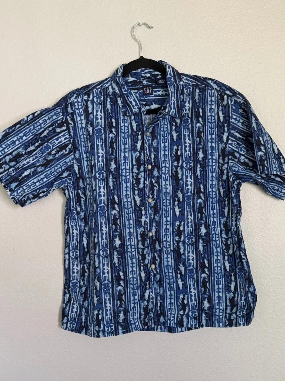 Vintage 2001 Gap Blue Tag Ocean Shark Tribal Camp Shirt Blue Cotton XXL 14 16