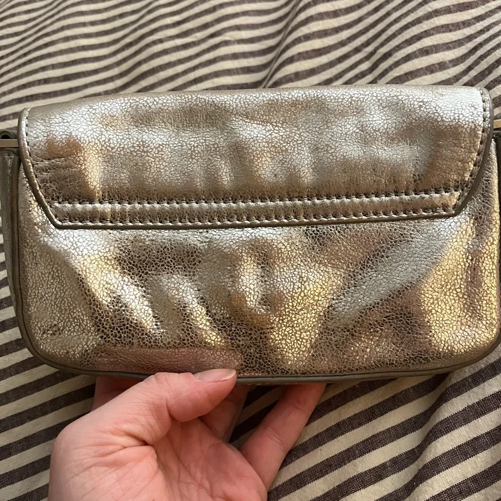 Tory Burch Metallic Taupe Leather Flap Wristlet