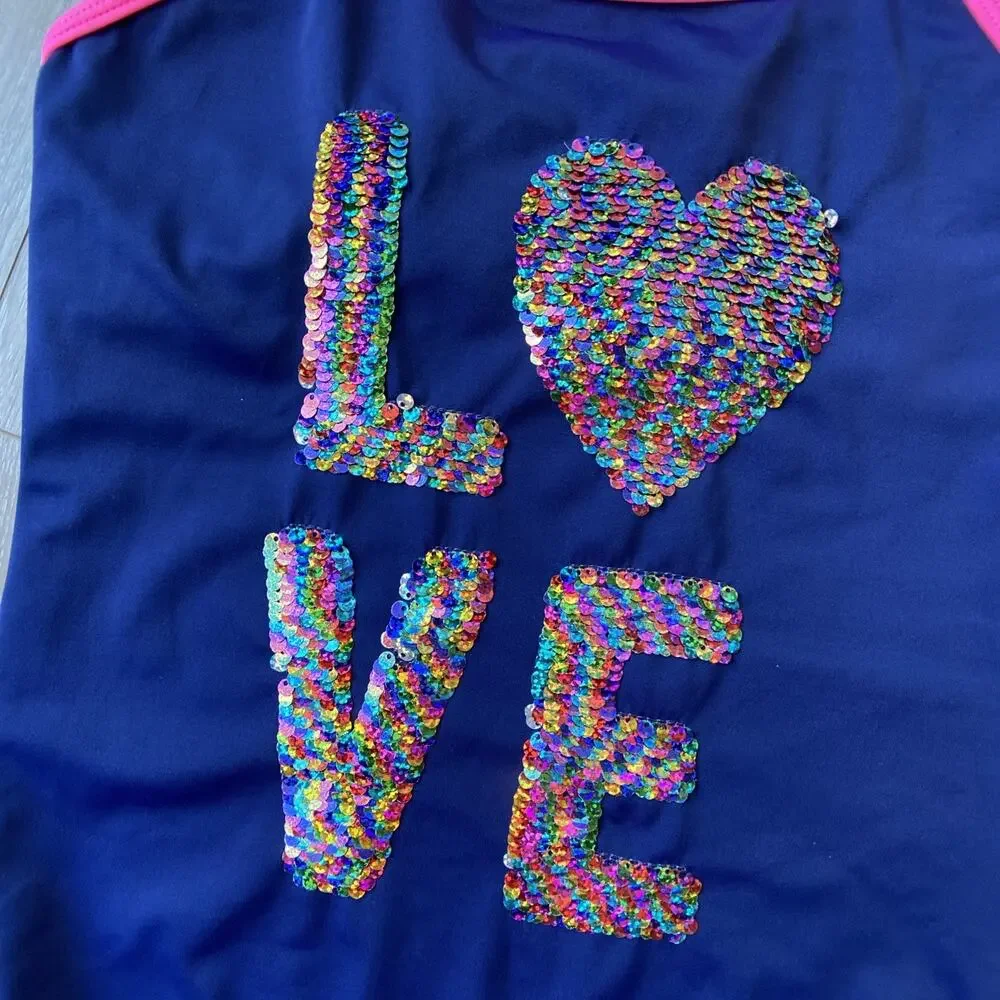 Justice One Piece Swimsuit Sz 14 Blue Pink Lining LOVE Sequin Flip Modest