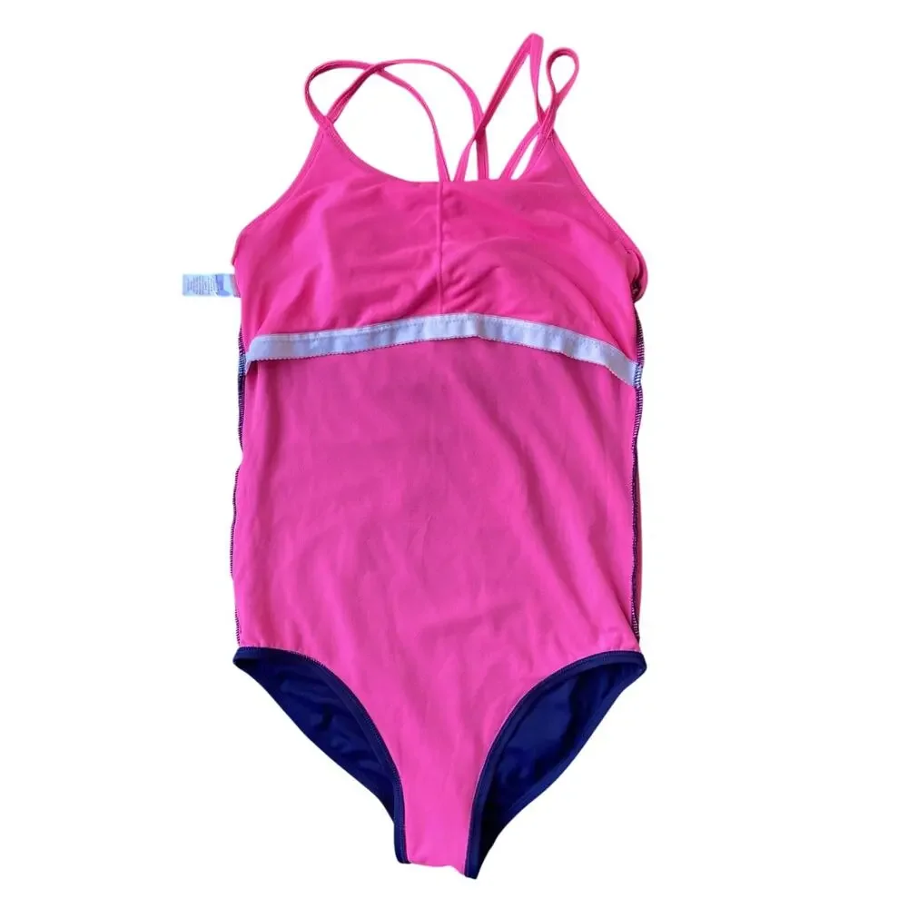 Justice One Piece Swimsuit Sz 14 Blue Pink Lining LOVE Sequin Flip Modest