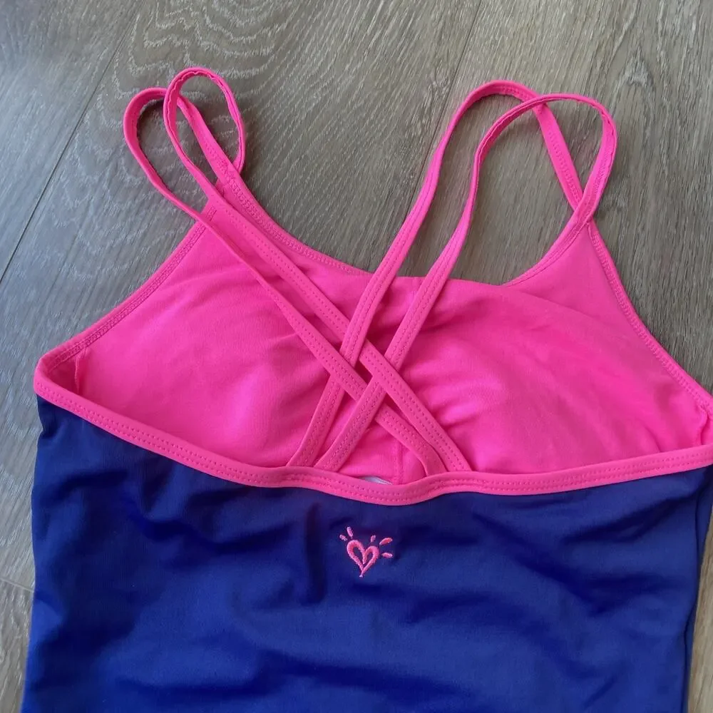 Justice One Piece Swimsuit Sz 14 Blue Pink Lining LOVE Sequin Flip Modest
