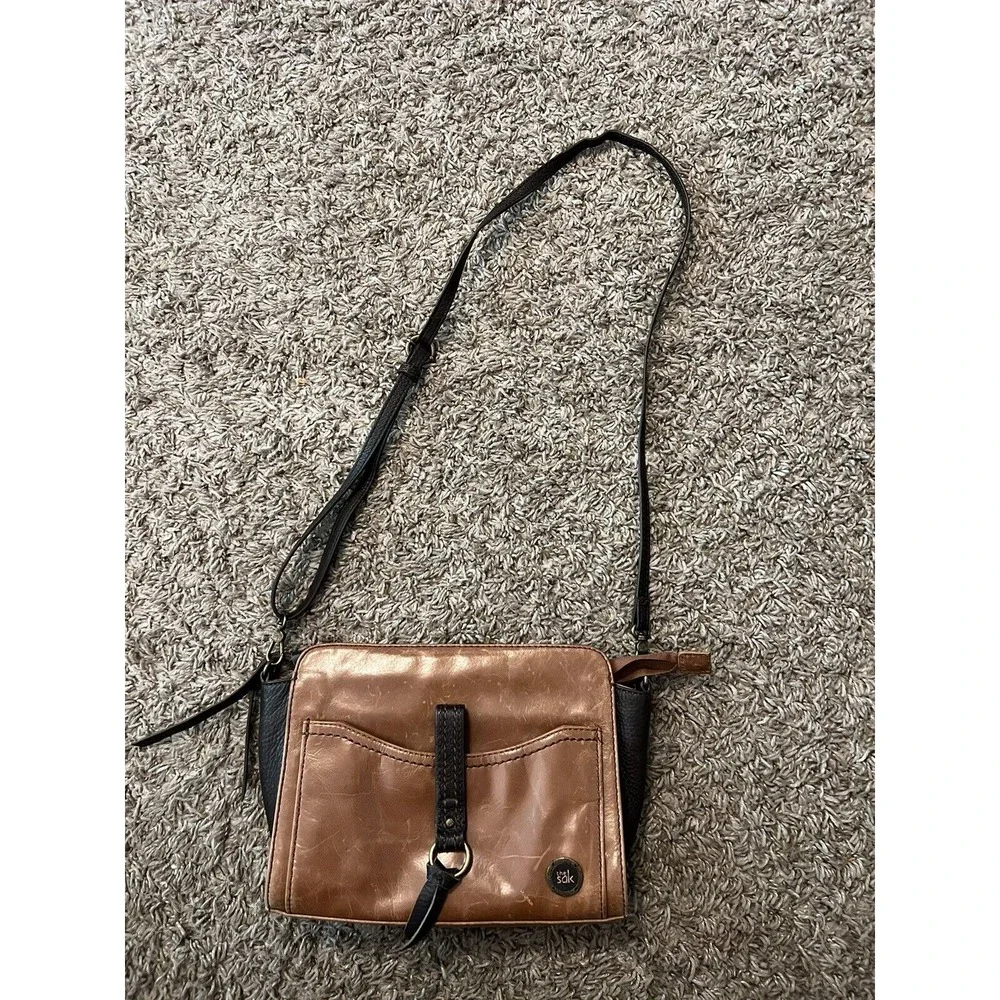 Vintage THE SAK‎ Crossbody Purse 2 Tone Brown Leather Shoulder Bag