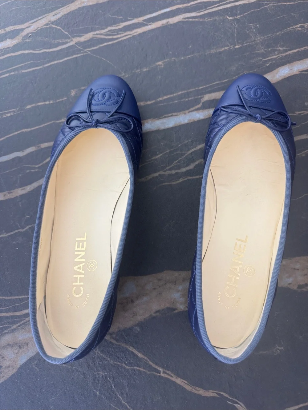 CHANEL Navy Quilted CC Bow Ballet Flats