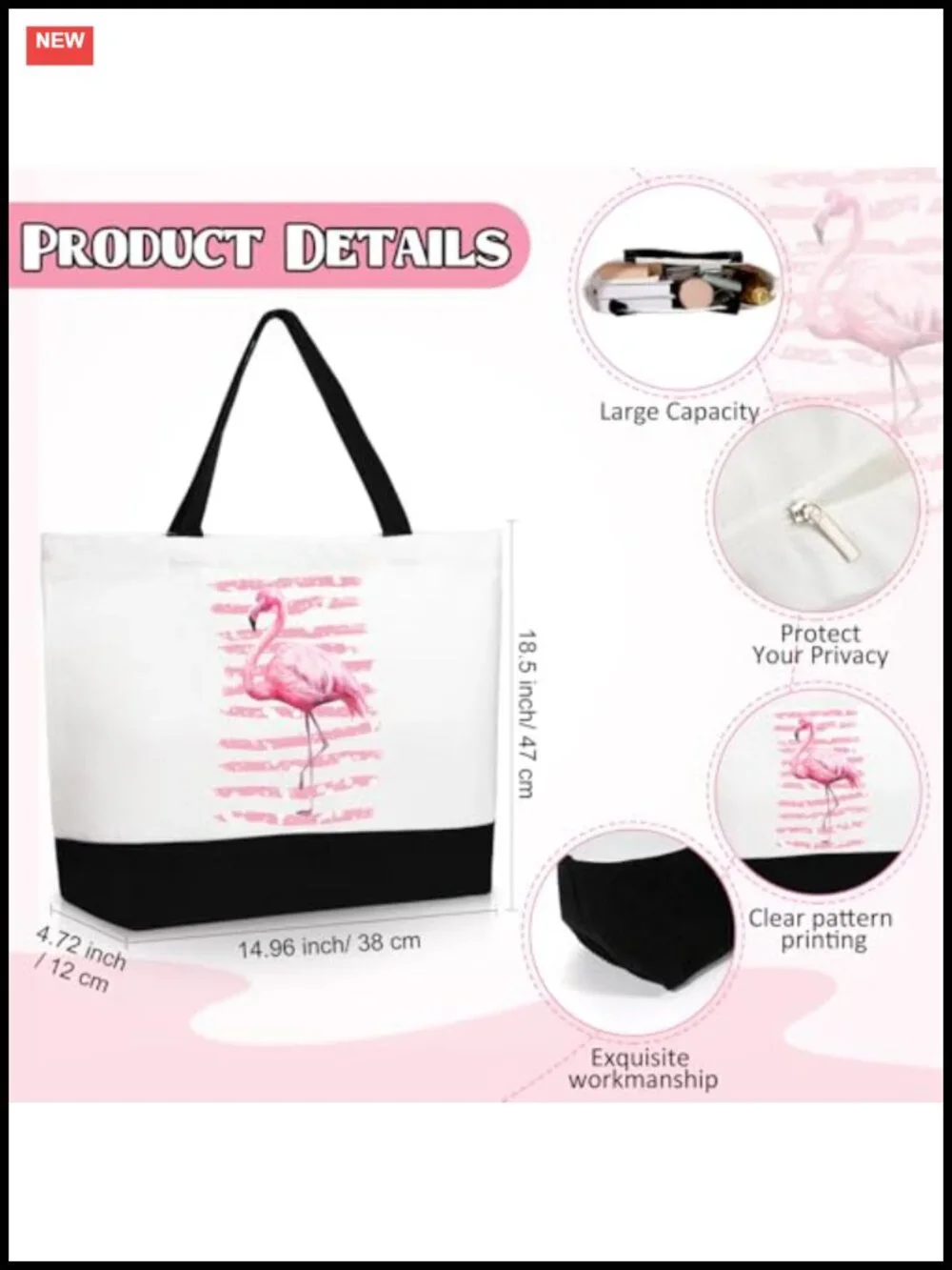 Flamingo Canvas Tote Bag with Makeup Pouch and Keychain, Set of 3, Travel Gift