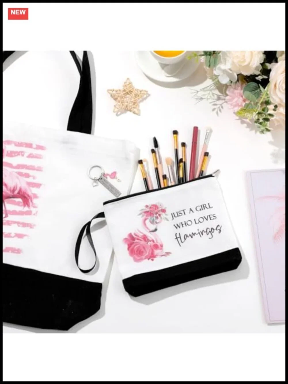 Flamingo Canvas Tote Bag with Makeup Pouch and Keychain, Set of 3, Travel Gift