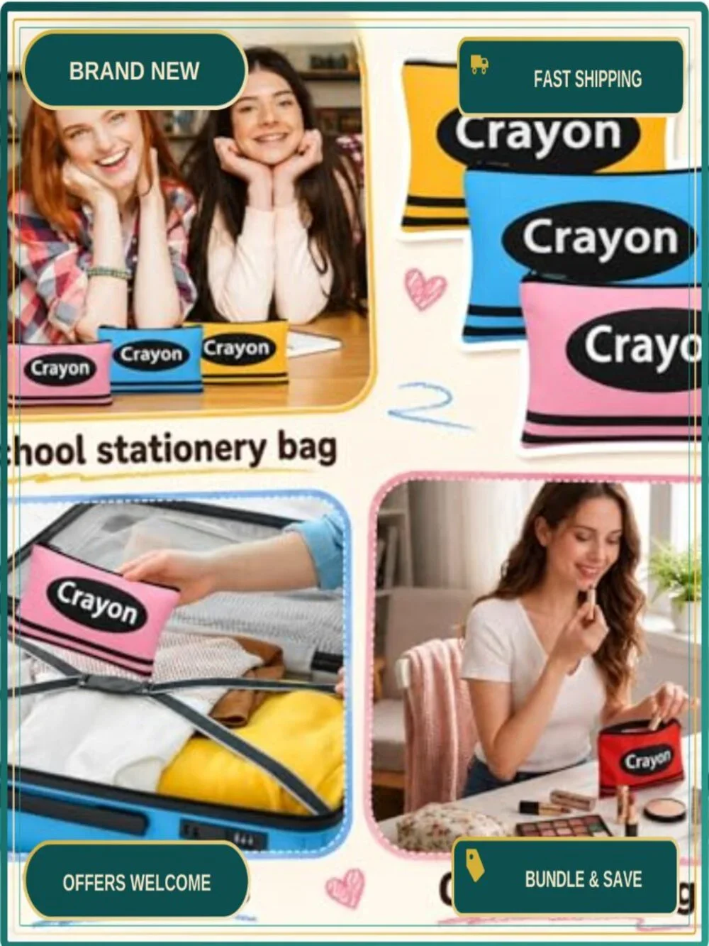 24 Pcs Crayon Canvas Cosmetic Bags Bulk Teacher Gifts Party Favors