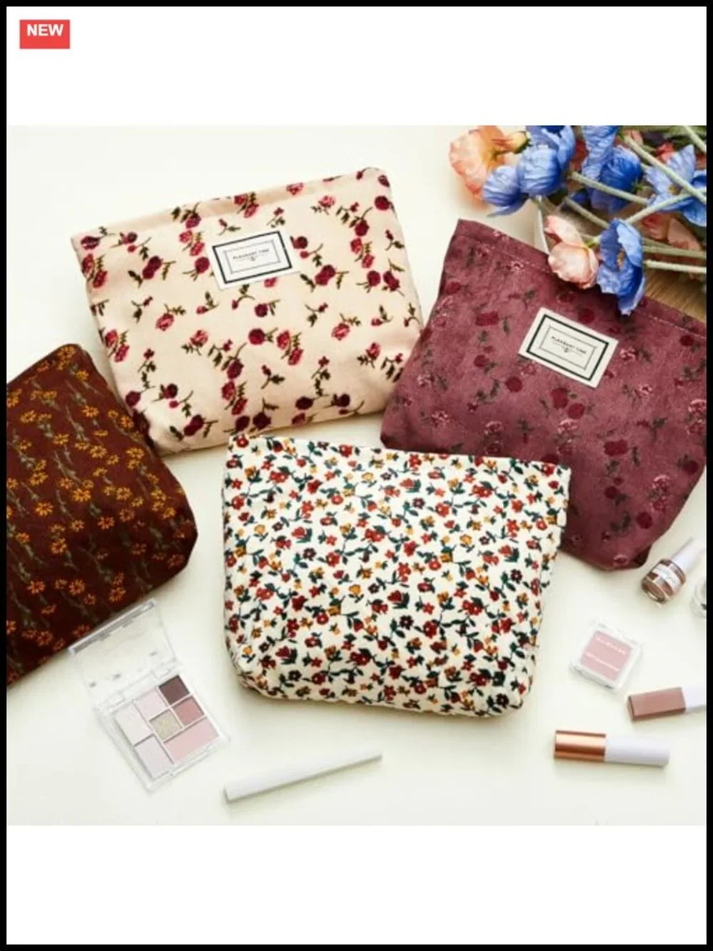 4 Pack Corduroy Floral Makeup Bags Large Capacity Travel Toiletry Cosmetic