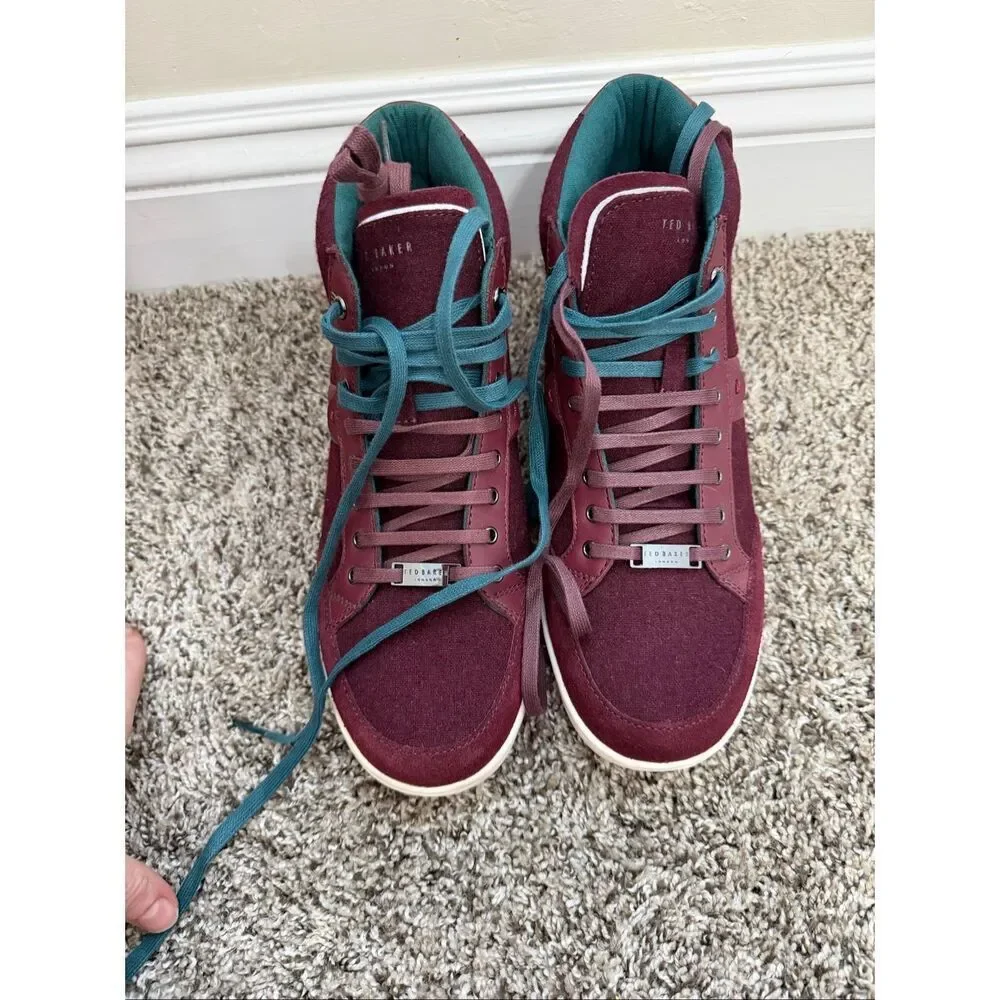 New TED BAKER London $195  Burgundy Felt Colorblock Miykal Hi Top Sneakers US 9,