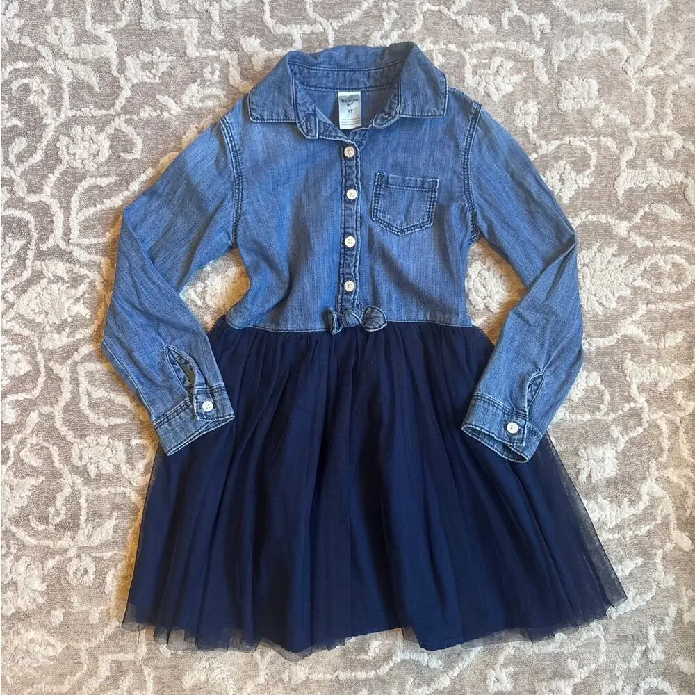 OshKosh B'gosh blue denim button up tutu bottom shirt dress‎ SIZE 4T