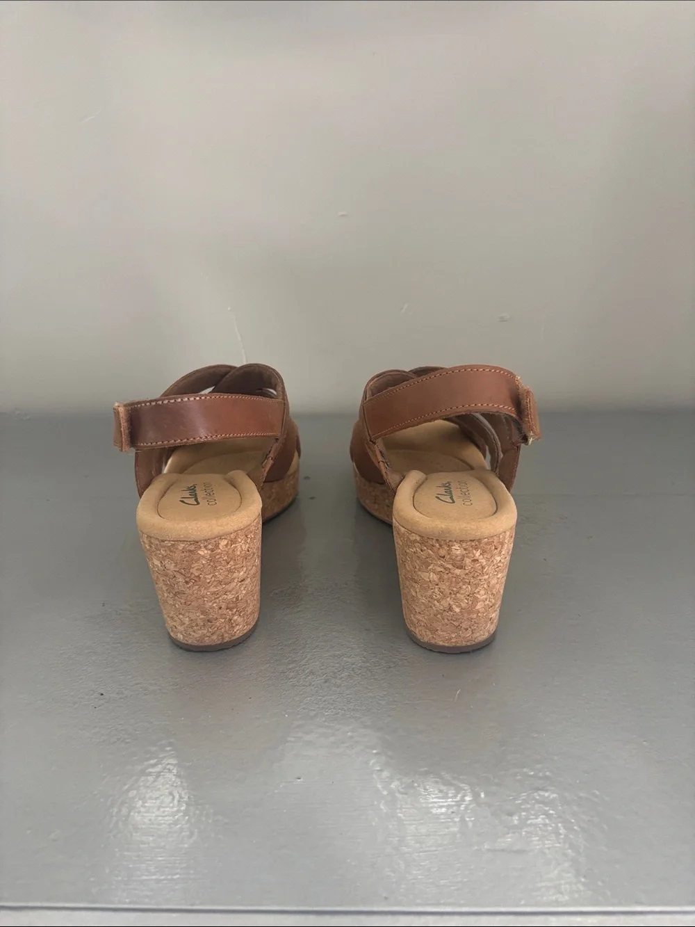 Clarks Tan Leather Crisscross Wedge Sandals