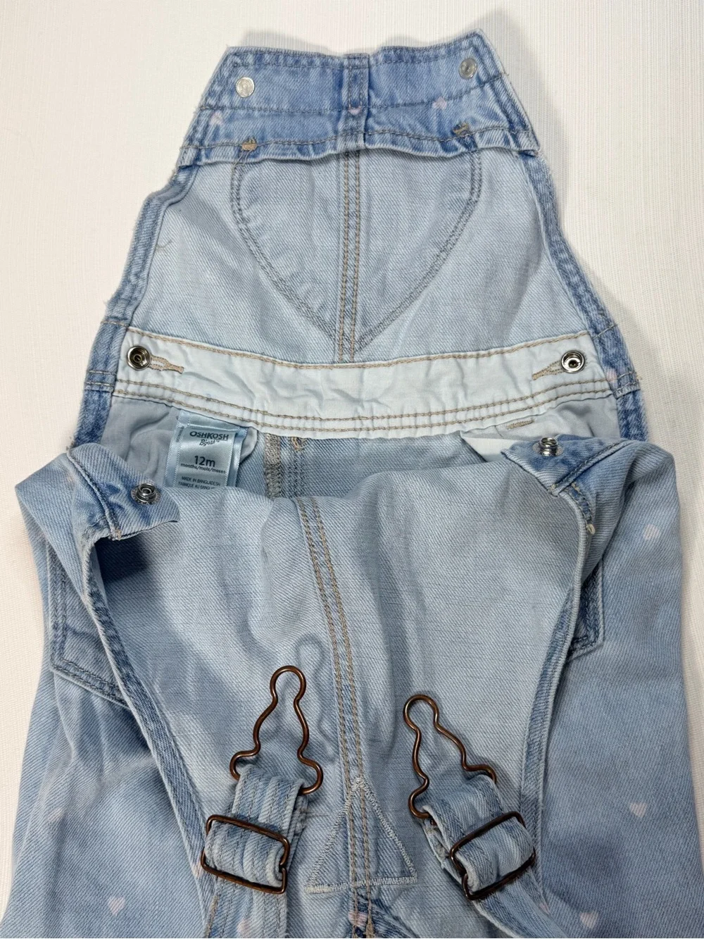 OshKosh B’gosh Baby Girls 12M Denim Overalls Heart Pocket Pink Hearts Bib