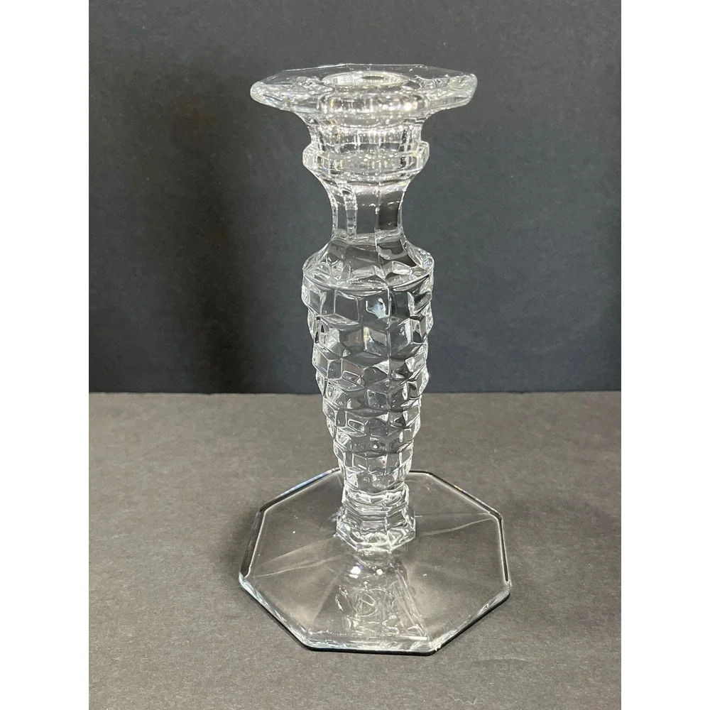 Vntg Crystal Glass Candlestick Holders Set of 2 Hexagon Base Diamond Cut 6.25