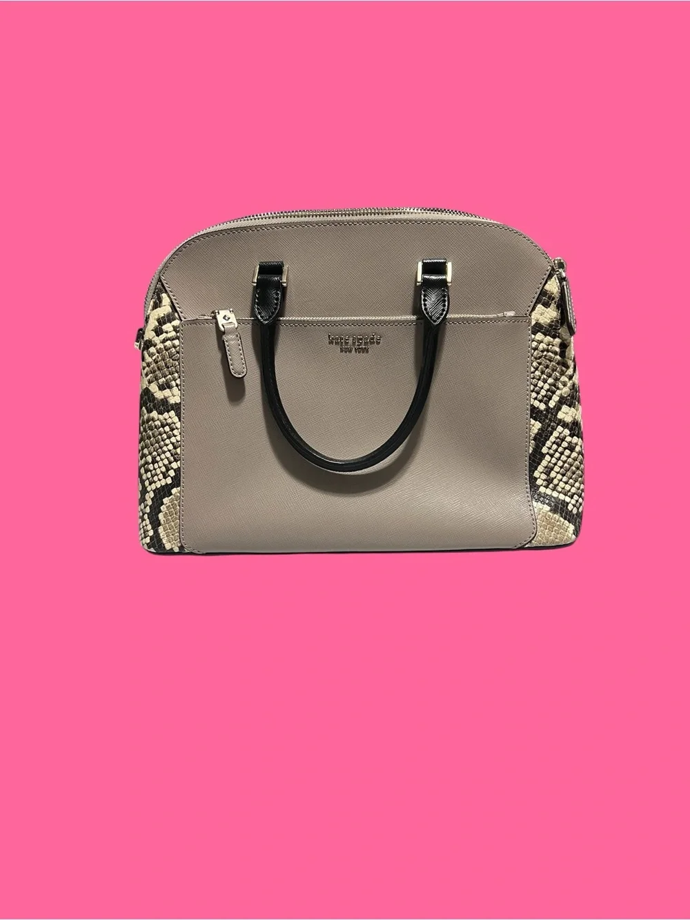 kate spade Taupe Dome Satchel with Black Handles and Snake-Print Sides
