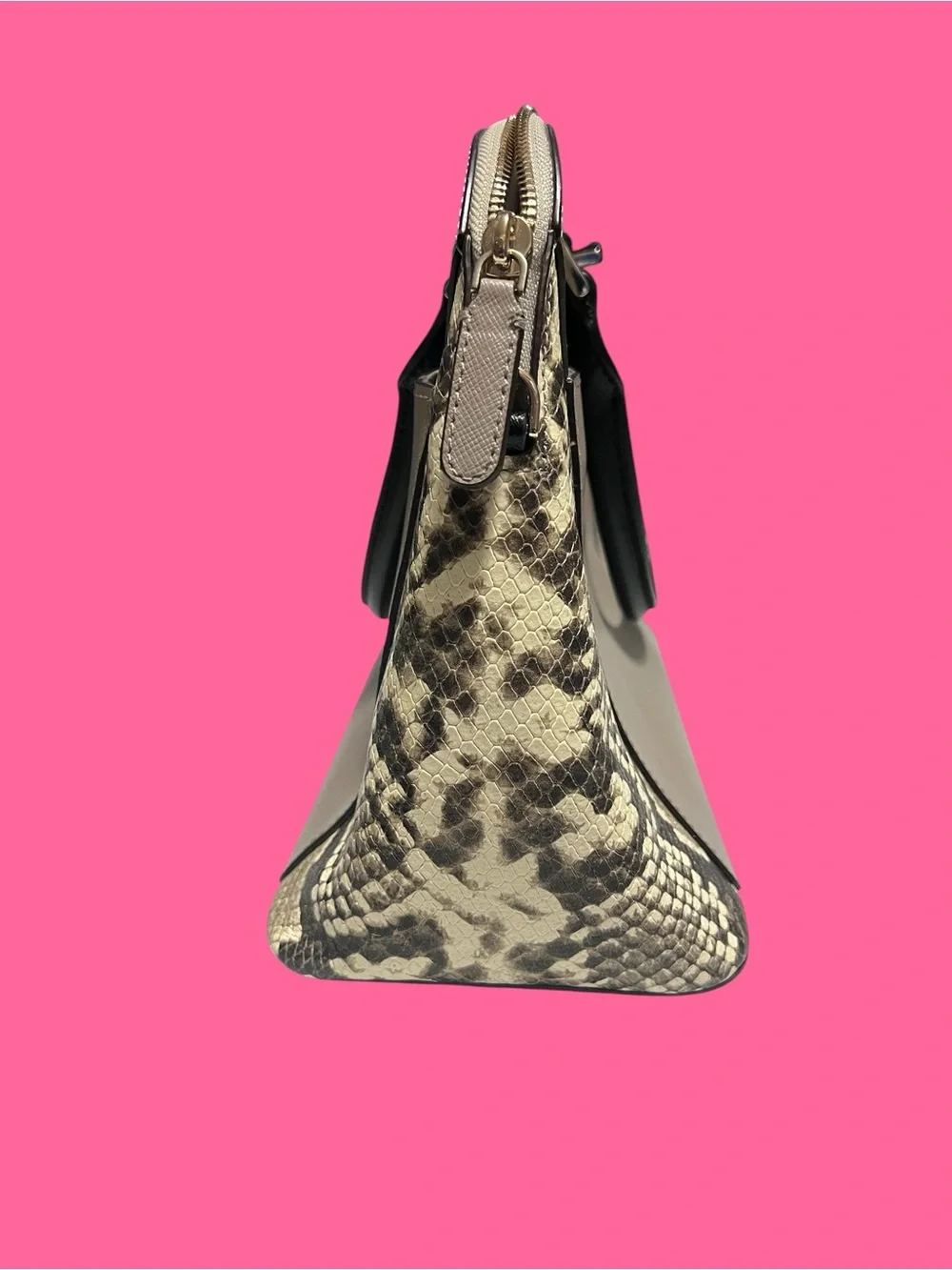 kate spade Taupe Dome Satchel with Black Handles and Snake-Print Sides