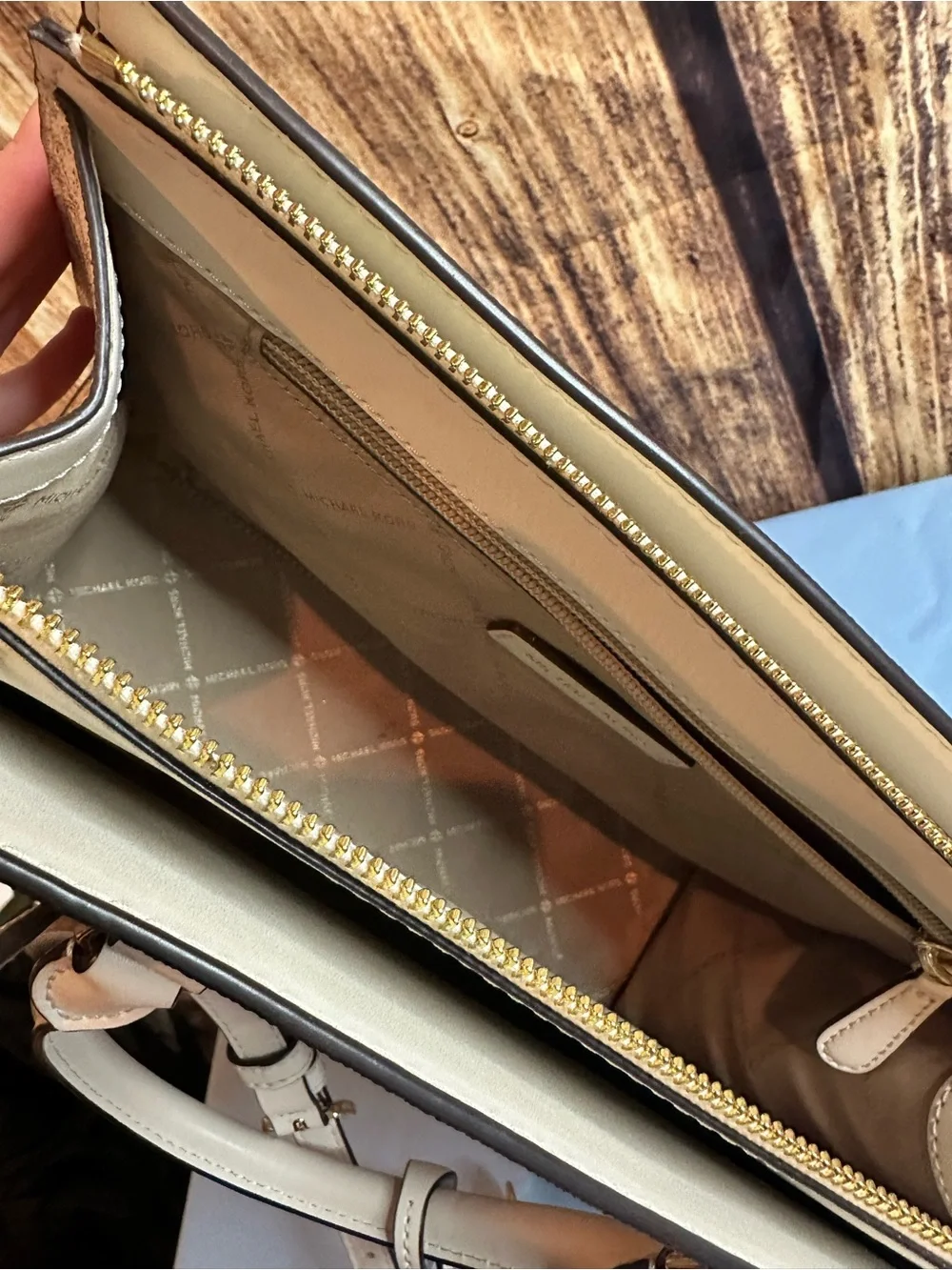 Michael Kors Beige Logo Satchel with Gold Charm