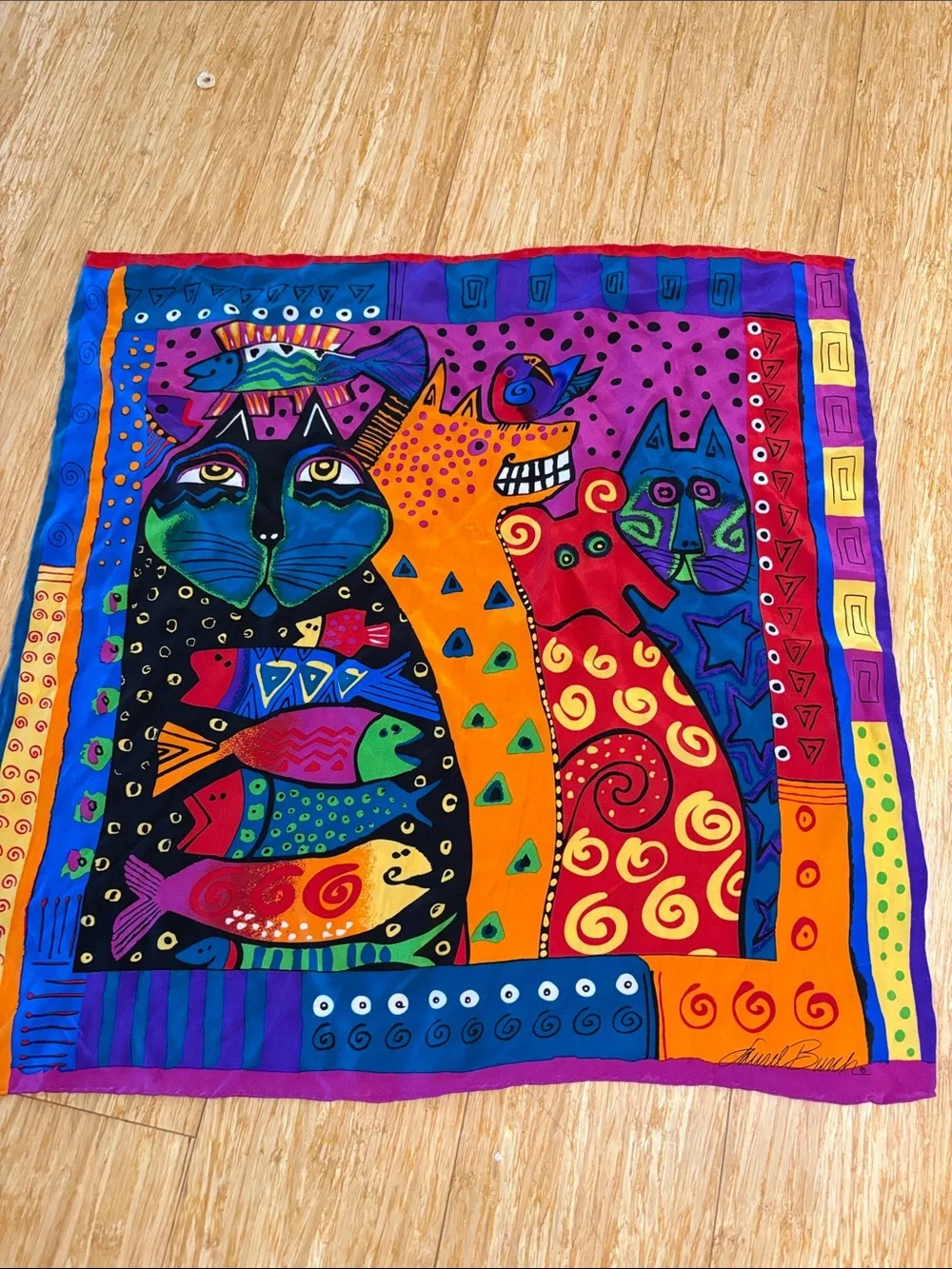 Vintage Laurel Burch Colorful Cat Fish Square Silk Scarf cat lover 90s artsy
