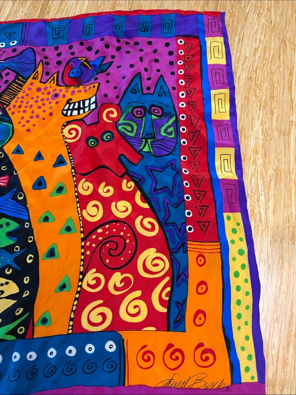Vintage Laurel Burch Colorful Cat Fish Square Silk Scarf cat lover 90s artsy