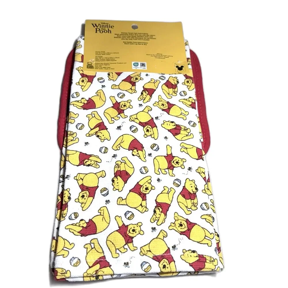 Disney Winnie the Pooh 3 Piece Kitchen 2 Dish Towels, 1 Pot Holder Set NWT