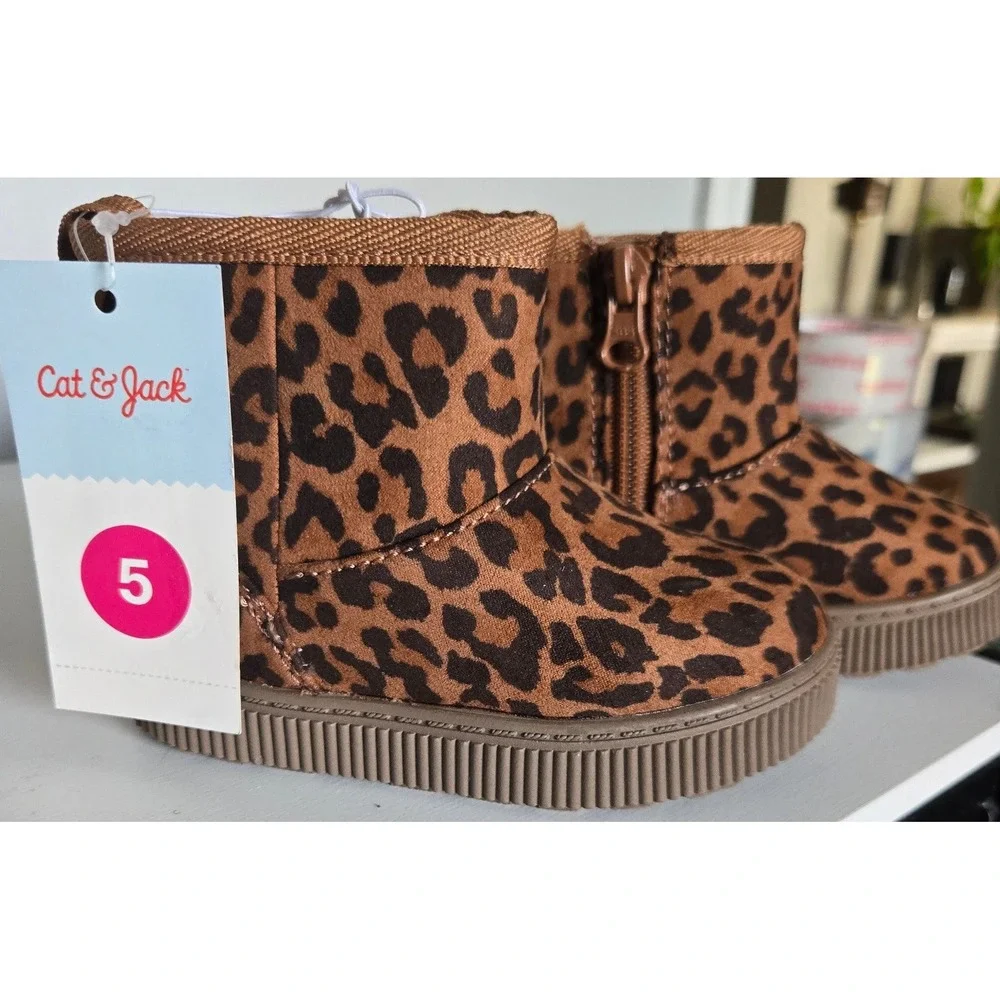 Cat & Jack Toddler Girls Leopard Print Faux Fur Lined Ankle Boots Brown Size 5