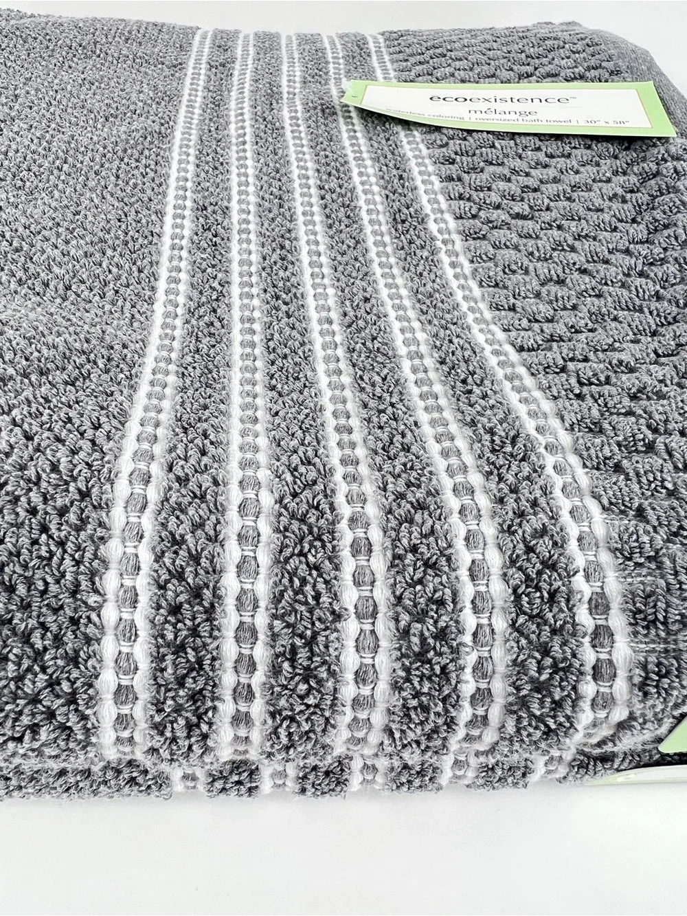 Ecoexistence Oversized Bath Towels Medium Gray White Stripe Soft Cotton 2 Pc NEW