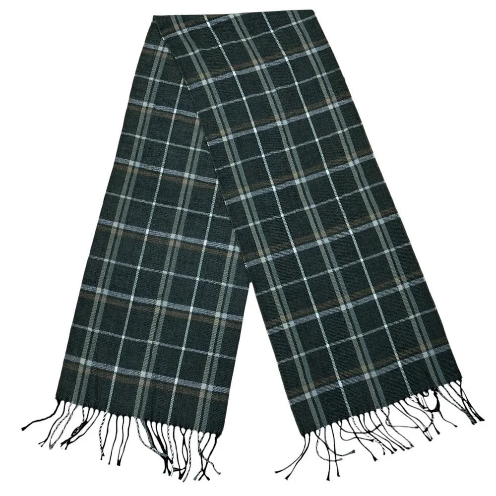 100% Scotland Cashmere Rectangular Scarf Olive Green Plaid Quiet Luxury
