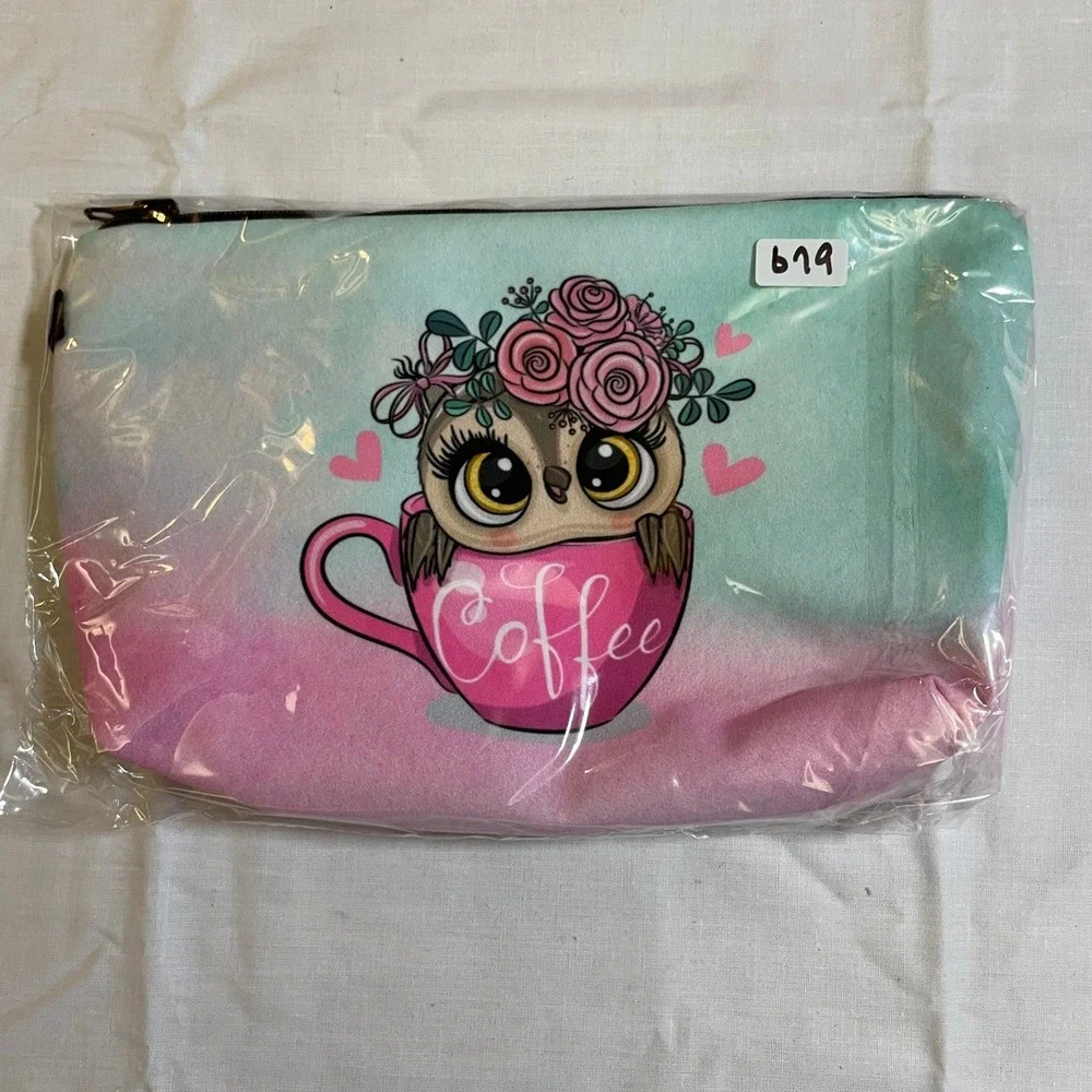 The Pouch Cosmetic Bag Womens OS Pink NWT Owl Coffee Cup Floral Watercolor Cute