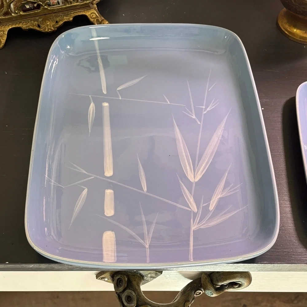 Winfield Blue Ceramic Serving Tray Set with Bamboo Motif