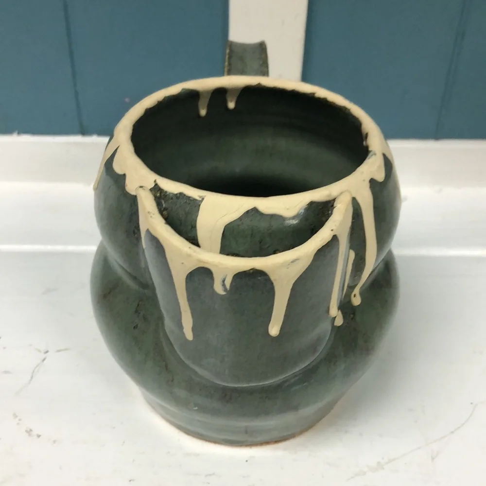 Vintage 5” handmade drip glaze heavy‎ stoneware creamer mug signed