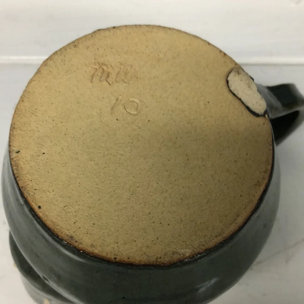 Vintage 5” handmade drip glaze heavy‎ stoneware creamer mug signed