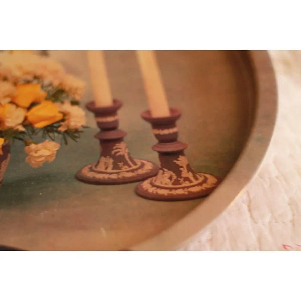 Vintage Round Metal Serving Tray Yellow White Flowers Candles