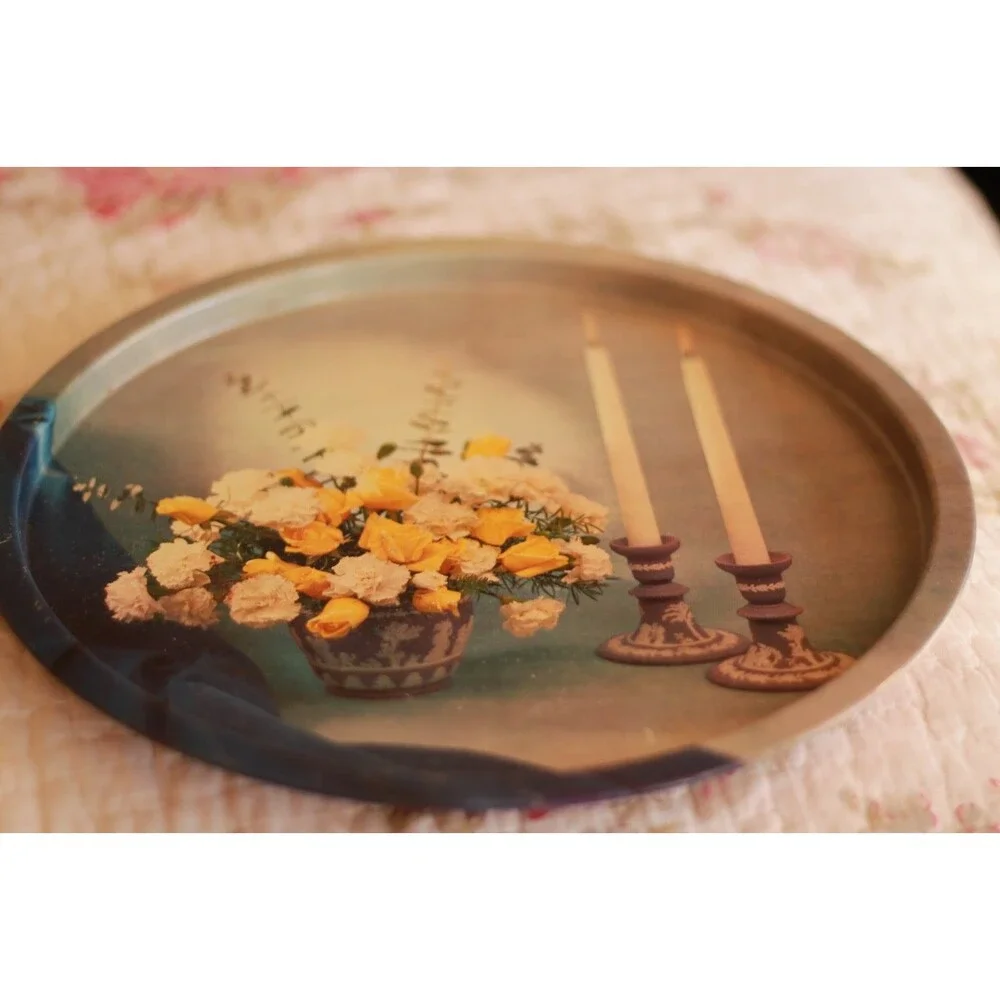 Vintage Round Metal Serving Tray Yellow White Flowers Candles