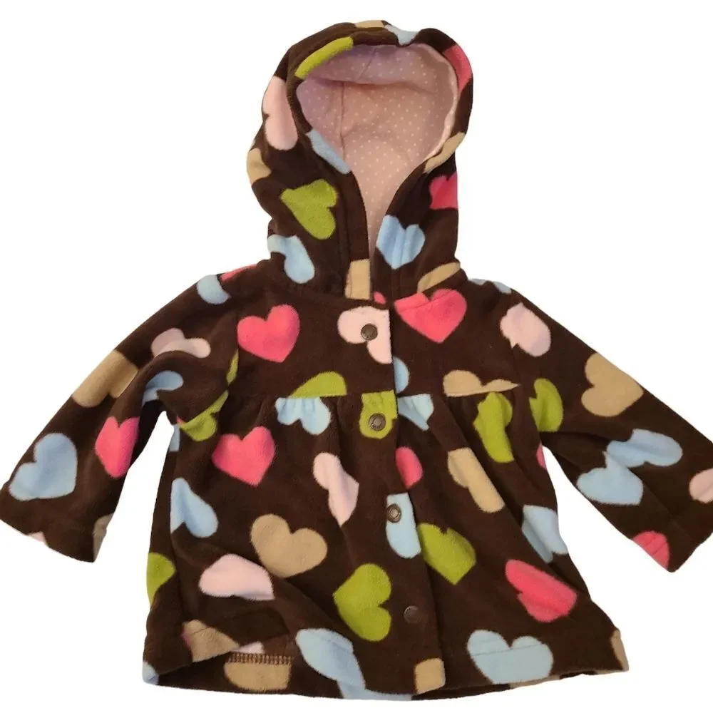 Carter's Jacket Hoodie Top Soft Brown Fleece Hearts Button‎ Front Sz Newborn