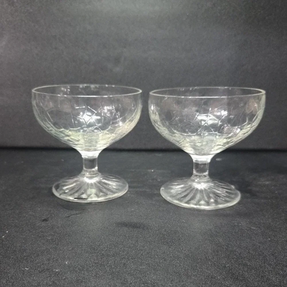 LE Smith Crackle Sherbet Glasses, Set of 2, Vintage Clear Dessert Cups, Stemware