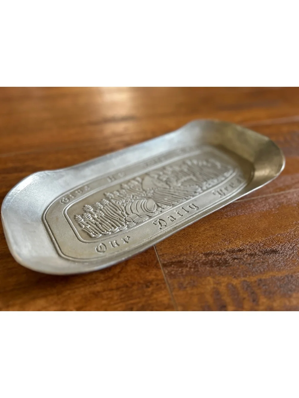Vintage Metal Tray with 'Give Us This Day Our Daily Bread' Embossed Design