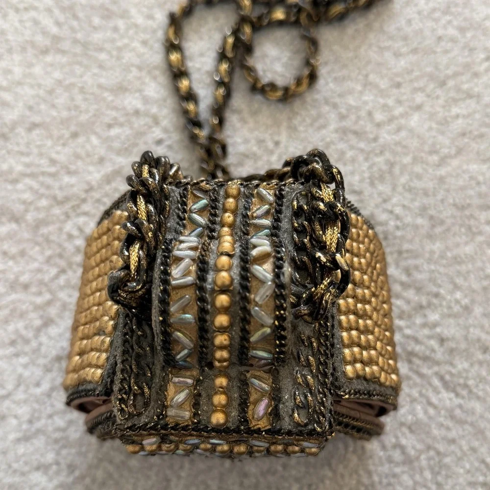 Mary Frances Beaded Mini Crossbody Bag Wearable Art Deco Gold Metal Suede Purse