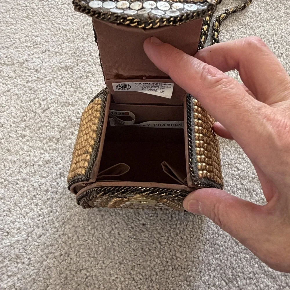 Mary Frances Beaded Mini Crossbody Bag Wearable Art Deco Gold Metal Suede Purse