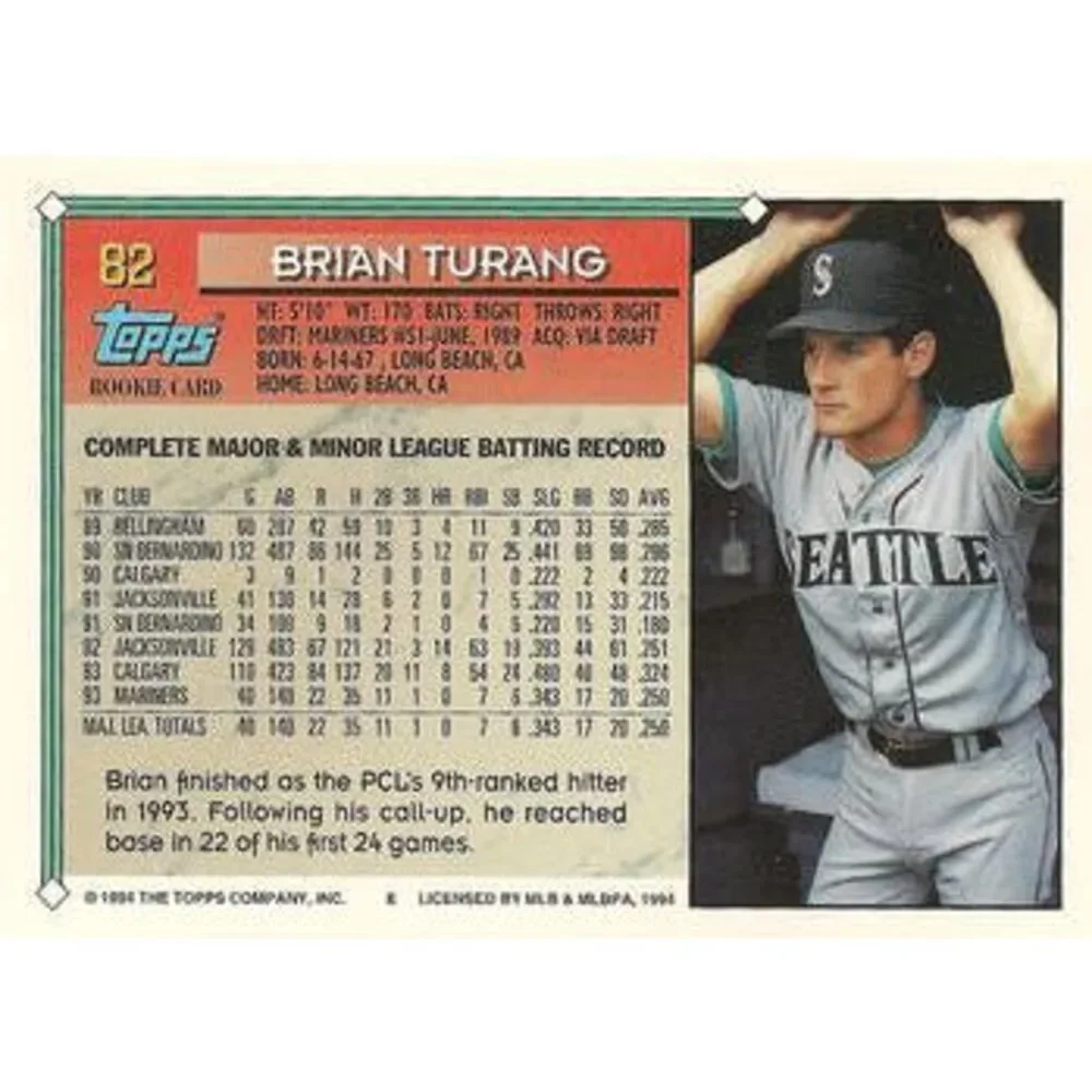 1994 Topps Brian Turang RC # 82 Seattle Mariners