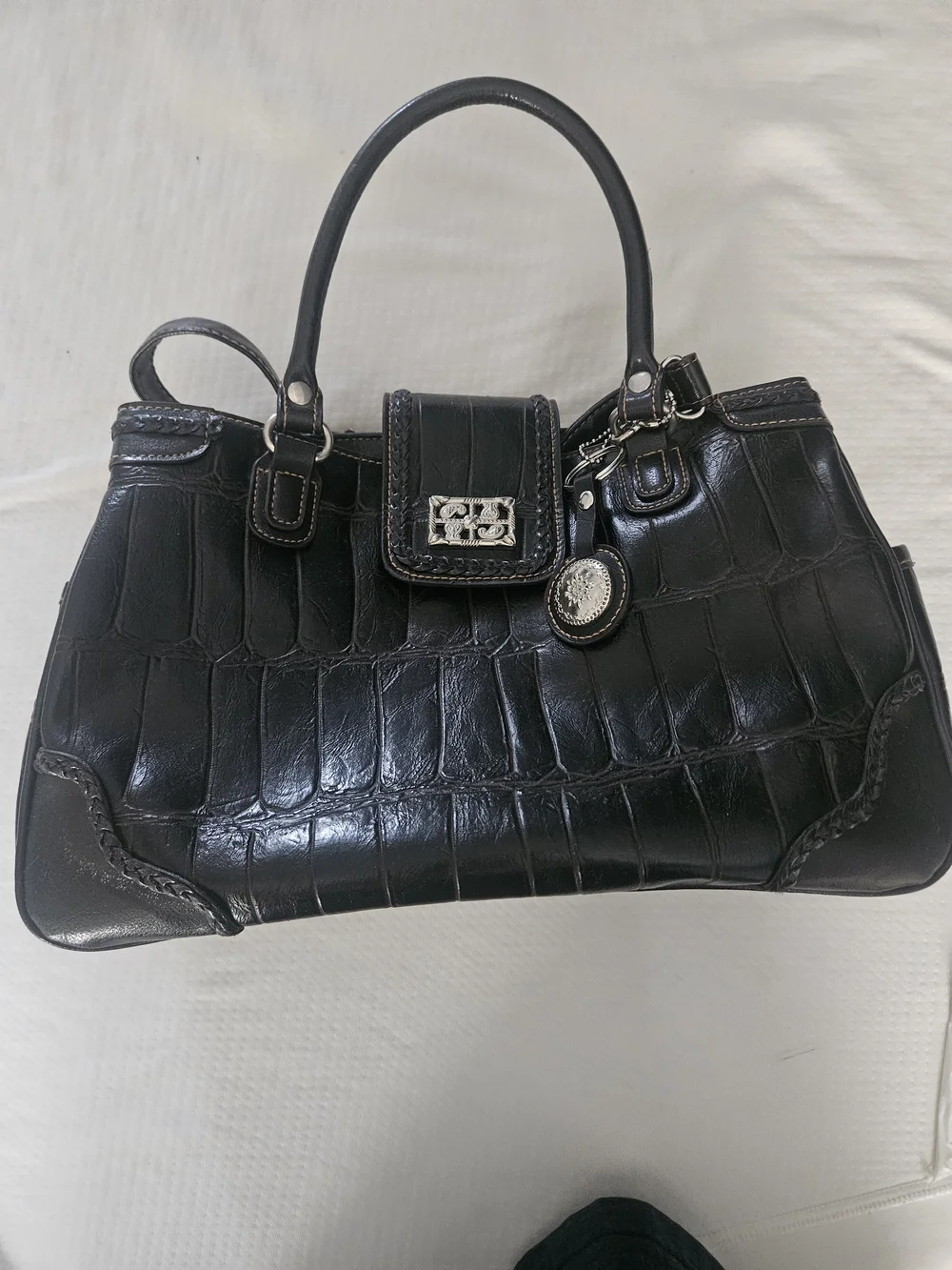 Black Croc-Embossed Leather Top-Handle Bag