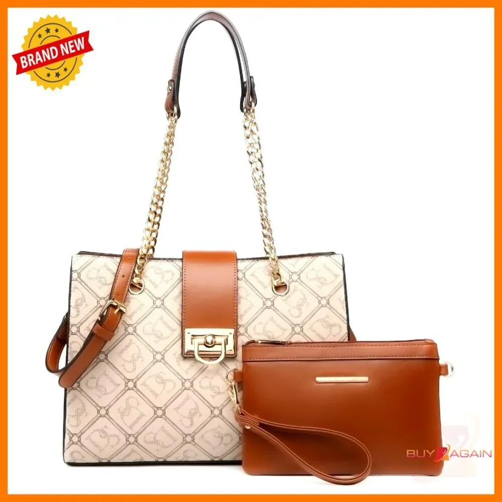 Vegan Leather Satchel Tote Hobo Bag with Matching Clutch