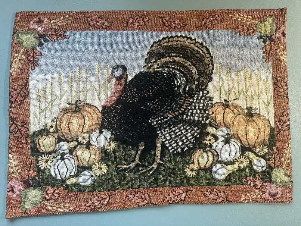 Turkey with Pumpkins Tapestry Placemat Set of 2 Thanksgiving Fall