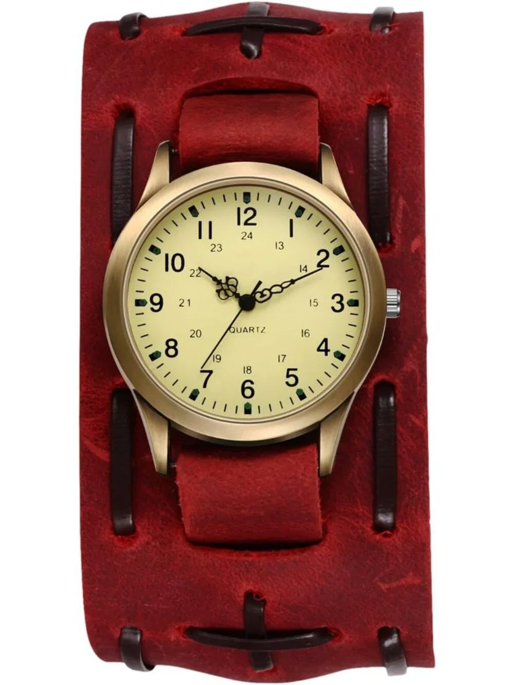 Unisex Red Analog Quartz Arabic Numerals Wide Leather Strap Vintage Wrist Watch
