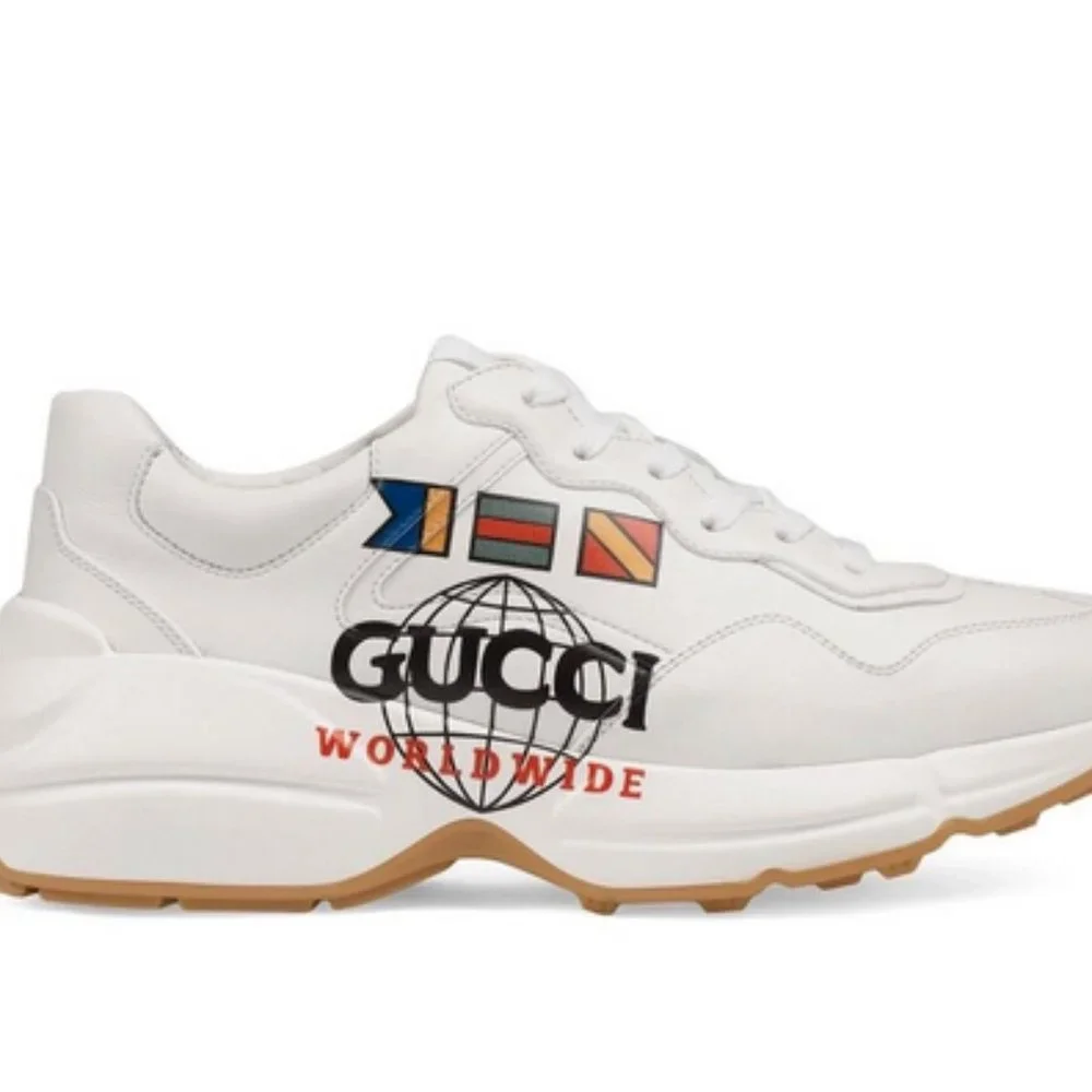 $890 Gucci Worldwide White Leather Rython Platform Sneakers Mens 8 W 9.5/10