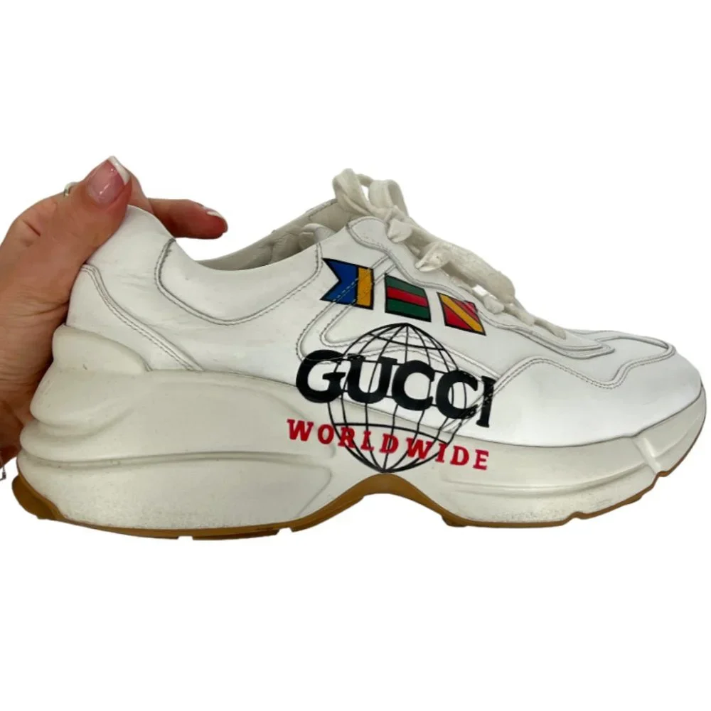 $890 Gucci Worldwide White Leather Rython Platform Sneakers Mens 8 W 9.5/10