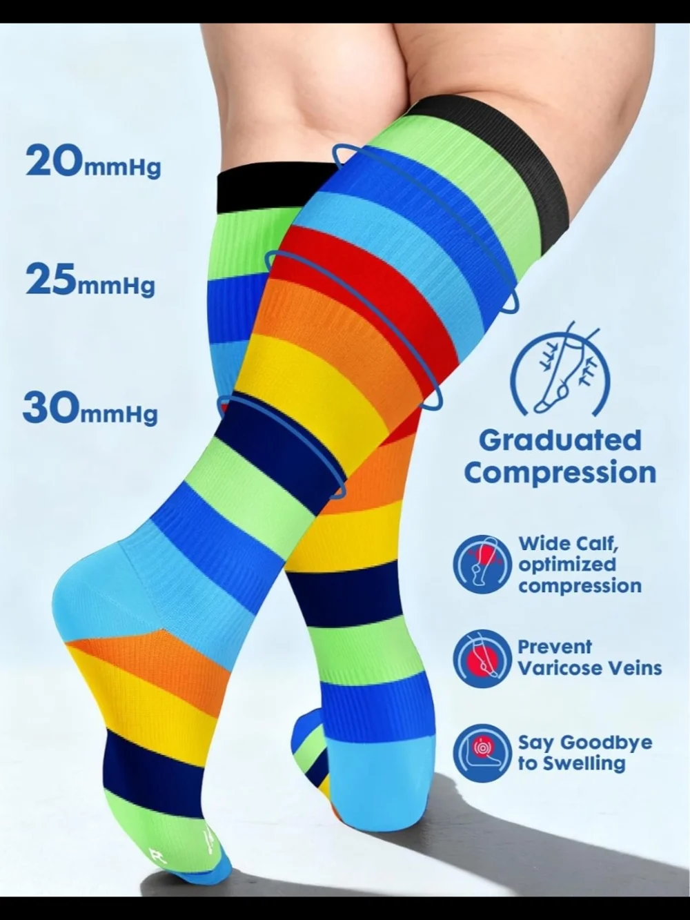 NWT 3-Pair Wide Calf Compression Knee-High Socks - Bright Multi-Color Pack