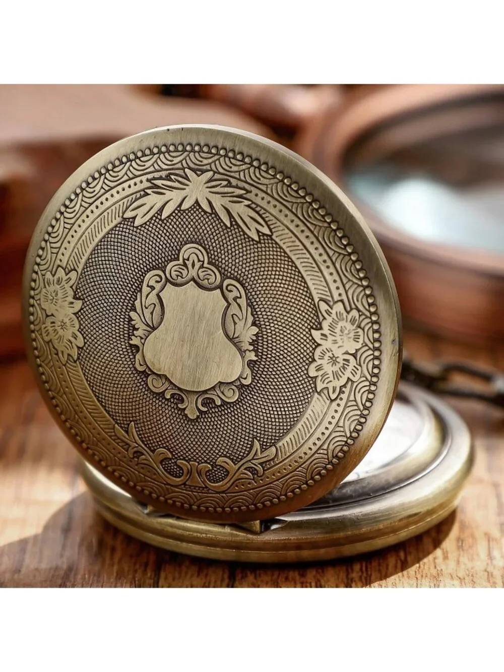 Men's Brown And White Analog Quartz Flower Arabic Numerals Movement Pocket Watch