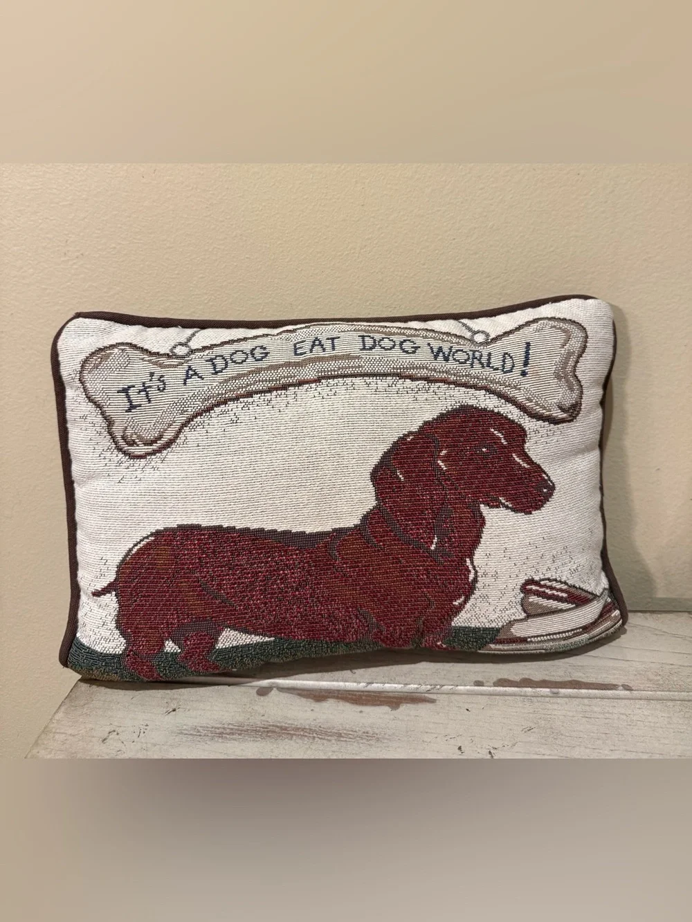 Vintage Dachshund Tapestry Accent Pillow It's A Dog Eat Dog World