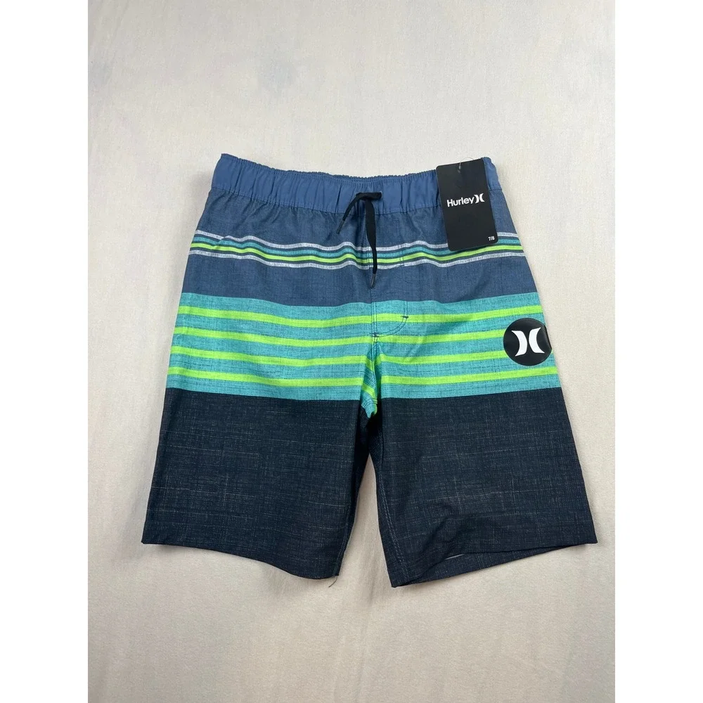 Hurley Boys Board Shorts Blue Green Striped Swim Trunks Size 7/8 985888-B6Z