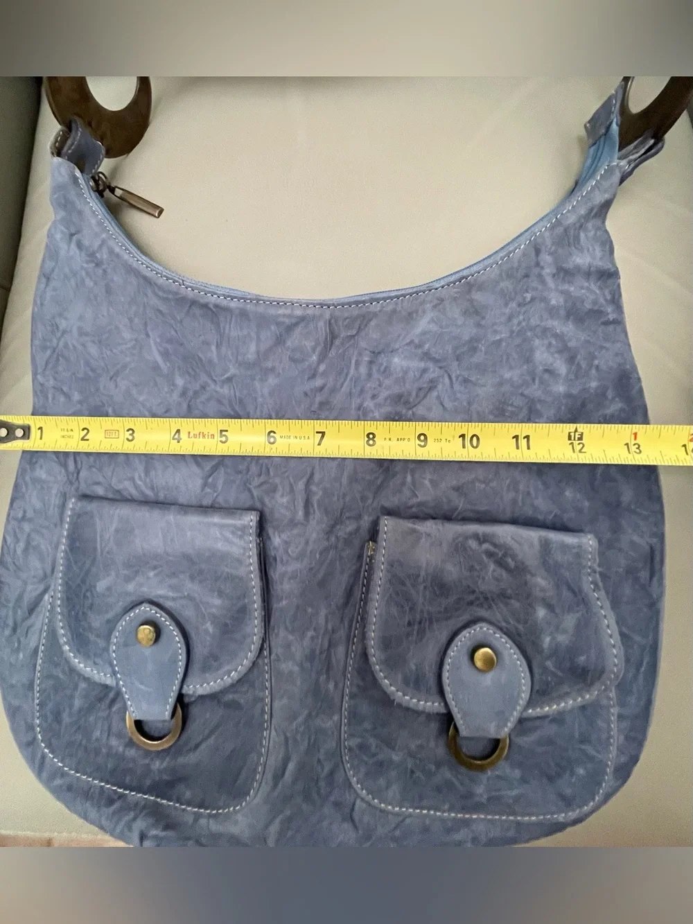 VTG Y2K LUPE Blue Distressed Argentine Cowhide Leather Hobo Bag w/Front Pockets