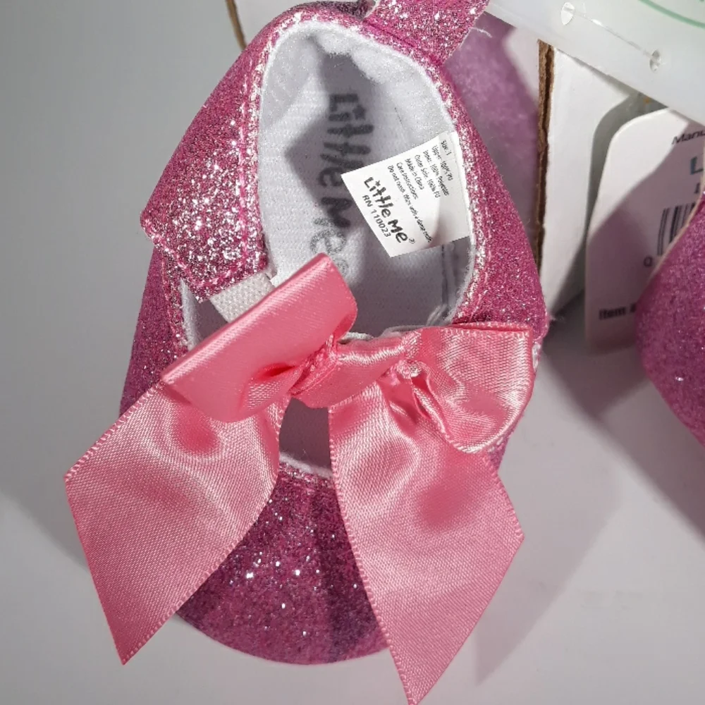 BABY GIRL PINK GLITTER  WITH SILK BOW SHOES