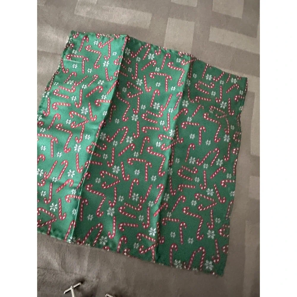 Barry.Wang Tie Set Mens Green Candy‎ Cane Christmas Pocket Square Cufflinks